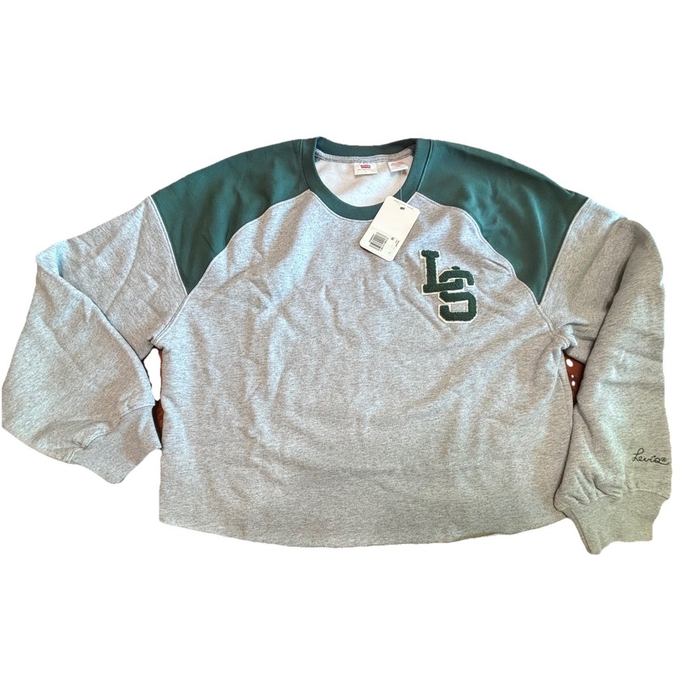 Levi's Women's Cropped Sweatshirt Gray Green LS Logo Size L NWT $69.50 Raglan